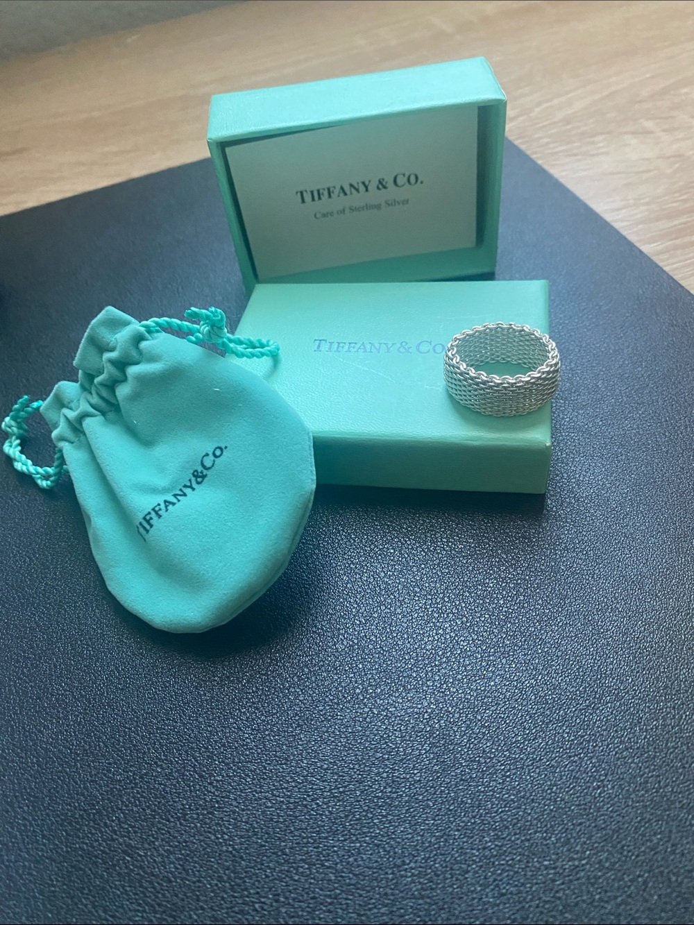 Tiffany & Co. Sterling Silver Woven Mesh Ring with Robin Egg Blue Pouch and Box